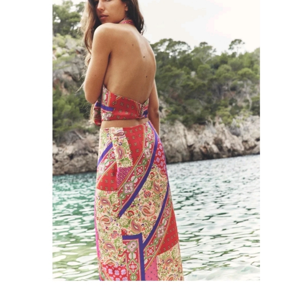 ZARA PATCHWORK PRINTED HALTER NECK MIDI DRESS- size large new with tags - Picture 2 of 4